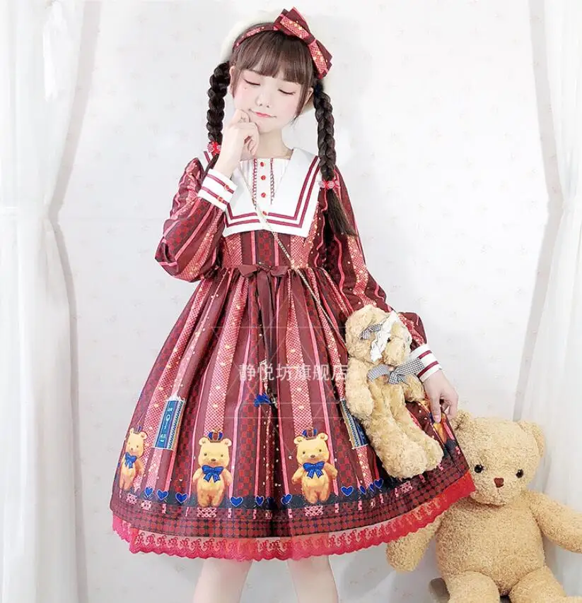 Lolita-vestido de corte Vintage con estampado de oso para niña, Vestido de manga larga con lazo, estilo Lolita, Kawa, Elorita