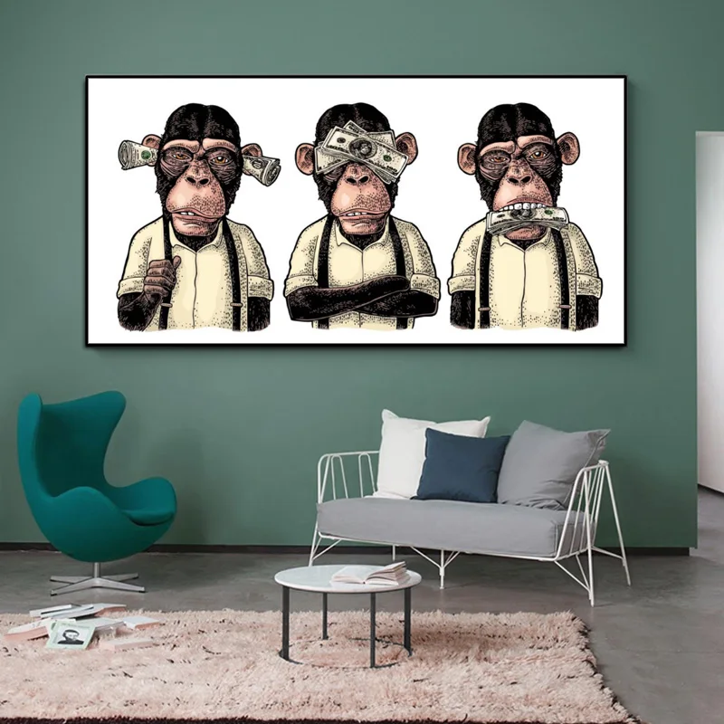 Abstract Three Monkeys, Gorilla with Money Animal Poster and Prints for Home Decor,Canvas Painting, Wall Art for Living Room