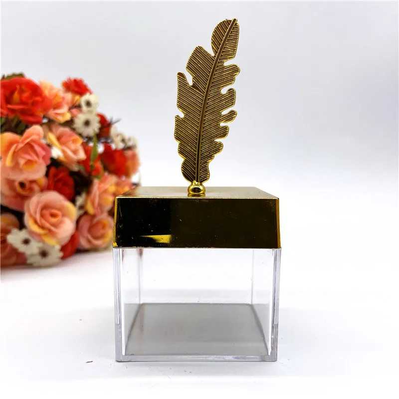 Transparent Gold Top Lid Feather Plastic Candy Box, Birthday Party, Baby Shower Gift, Wedding Favor, Home Decor, 5*5cm, 24Pcs