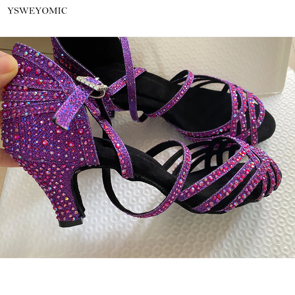 Zapatos de baile latino para mujer, sandalias populares de tacón alto para bailar Tango, Salsa, Rumba y Bachata, color negro brillante y morado