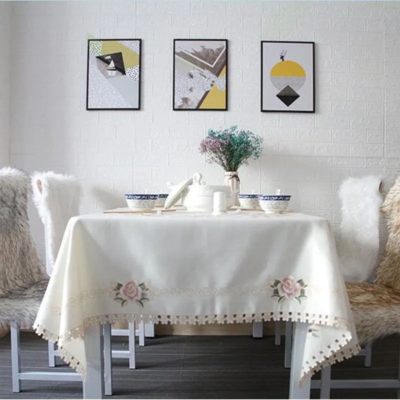 Nordic Lace Rectangular Hollow-out Tablecloth Flower Rabbit Embroidered Satin Table Covers White Home Wedding Party Decoration