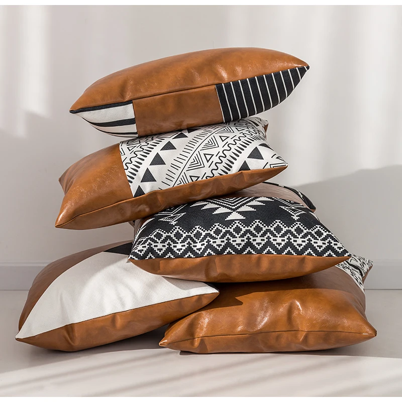 Medicci Home Cognac Leather Cushion Cover High End Itay Import Faux Leather Thick Brown Boho Modern Solid Pillow Case Bed Sofa