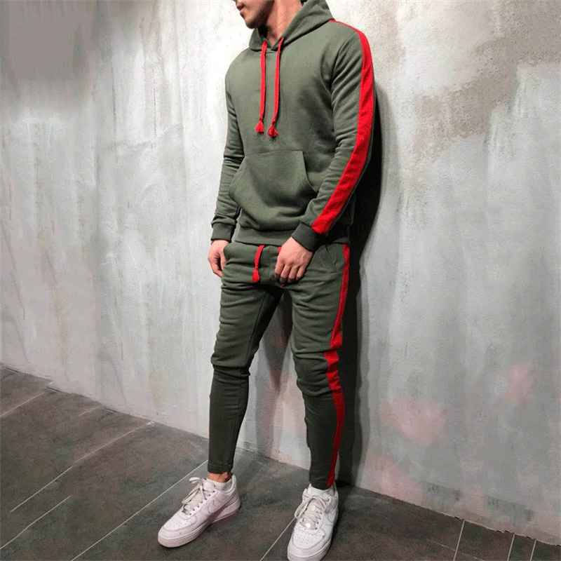 2021 autumn and winter men's hooded patch solid color muscle sports and leisure new sweater suit