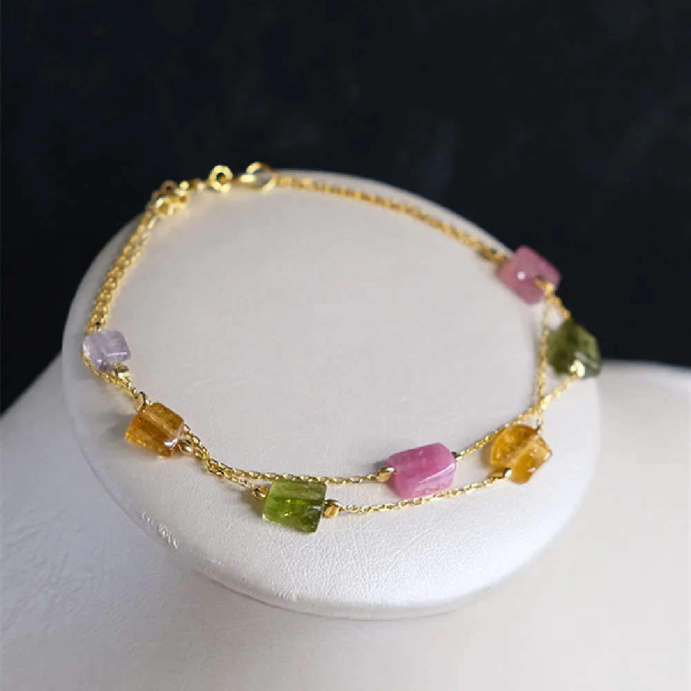 

HanDmade Double-Layer Bracelet With Seven Rainbow Tourmalines Inlaid With 925 Silver Gold-Plated Bracelet