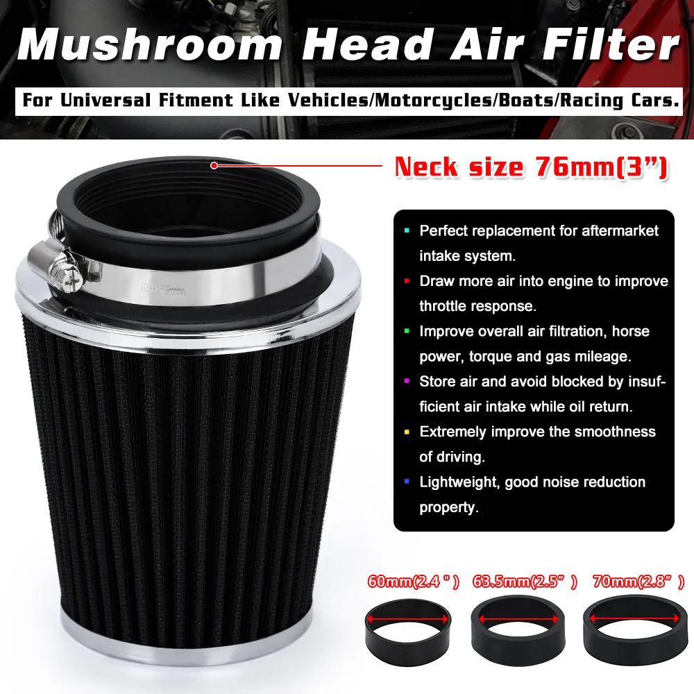 Universal Car High Flow Cold Air Intake Air Inlet Air Intake System Mushroom Head Air Filter Neck 76mm/70mm/63.5mm/ 60mm