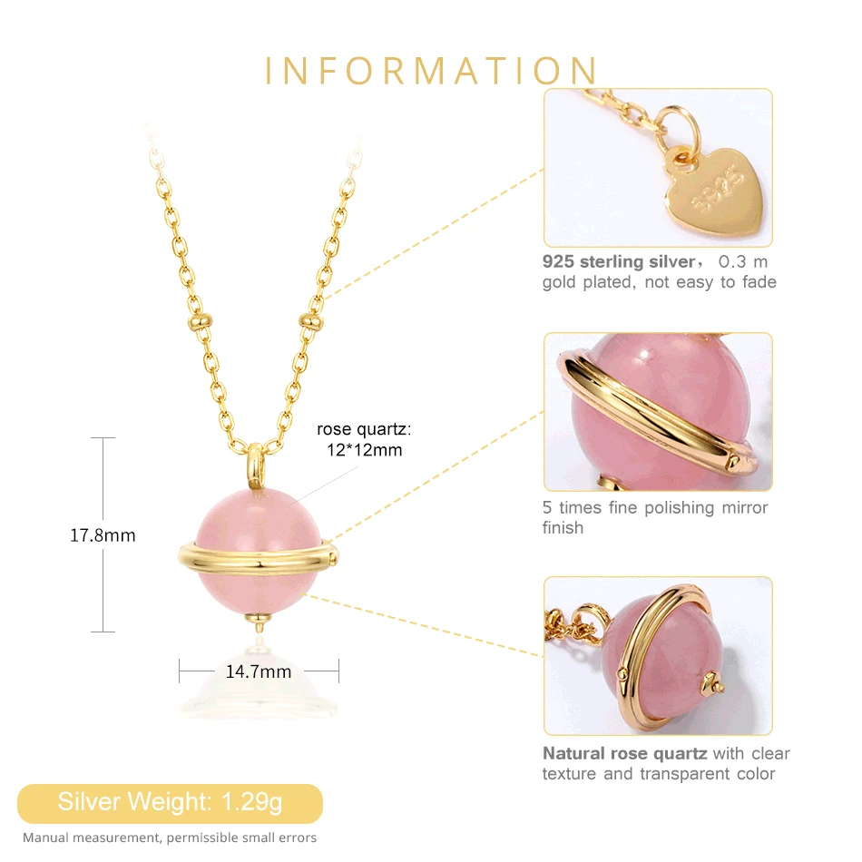 ALLNOEL 925 Sterling Silver Pendant Necklace For Women Globe Planet Earth Rose Quartz Labradorite Malachite Sweater Chain Gold