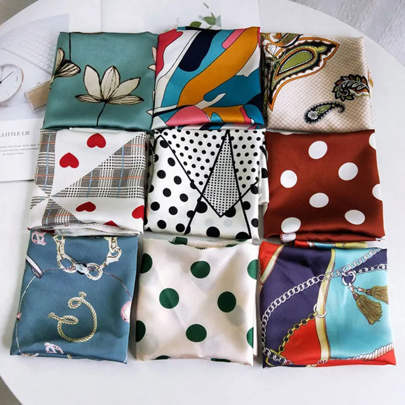 Square Silk Scarf Foulard Women Fashion Print Small Neck Scarves Office Lady Hair Band Foulard Hand Kerchief Bandana Shawl 2021