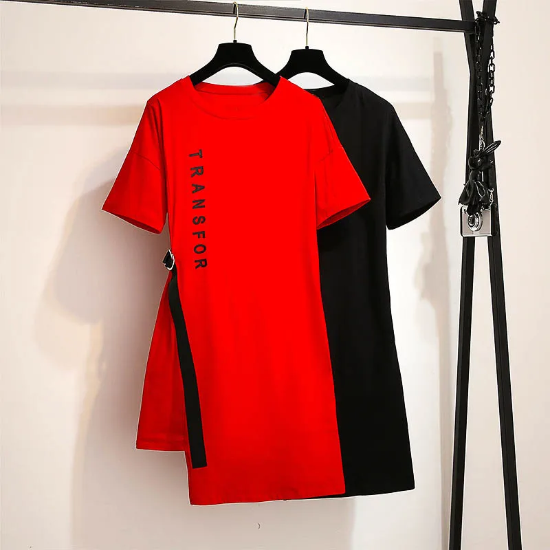 150Kg Plus Size Women\'s Summer Loose Letter T-Shirt Dress Bust 157cm 6XL 7XL 8XL 9XL 10XL Short-Sleeved O-Neck Dress Black Red