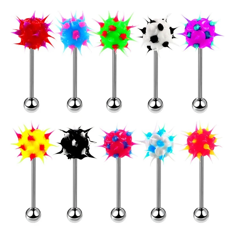 10PCS Silicone Ball Tongue Rings Stud 10 Colors Tongue Piercing Barbell for Women Stainless Steel Bar Body Piercing Jewelry 14G