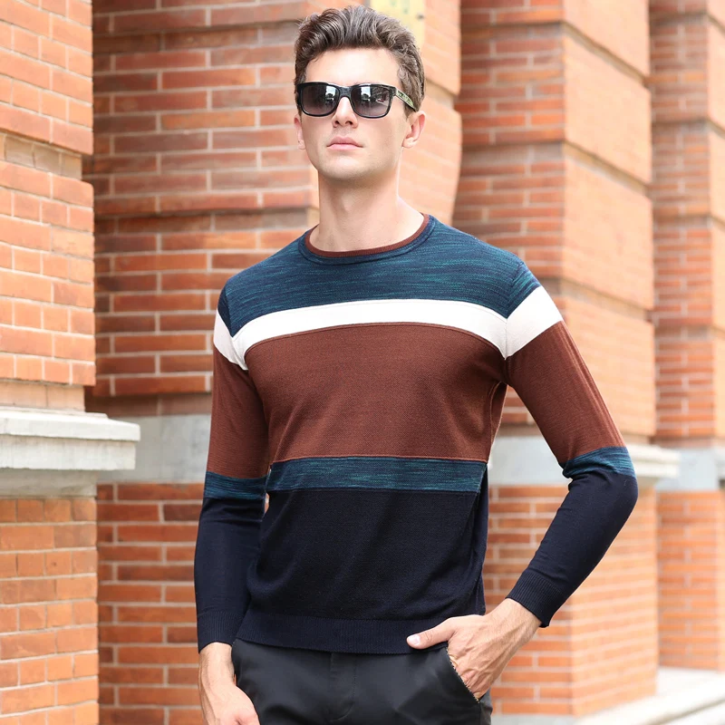 

Man Wide Stripes Sweater Leisure Slim Fit Jersey Jumper Casual Patchwork Colors O-Neck Knit Sweaters Long Sleeved