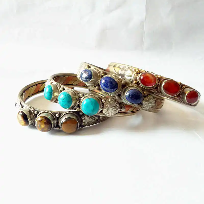 Indian Rose Copper Inlaid Stone Beads Open Cuff Bangle Multi Colors Lapis Lazuli Tiger Eye Nepal Vintage Jewelry BB-462