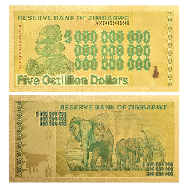 Zimbabwe $Z100 Trillion/100 Quintrillion/5 Octillion/100 Decillion Dollar Gold Foil Banknote Replica Paper Money Business Gift