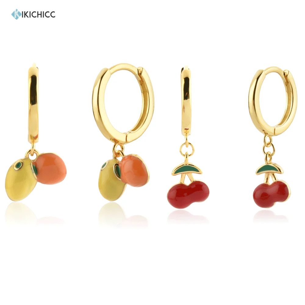 KIKICHICC-Pendientes de plata de ley 2021 con forma de fruta, aretes, Aros, Naranja y Limon, círculo Rojo, Cereza, regalo de joyería, 925