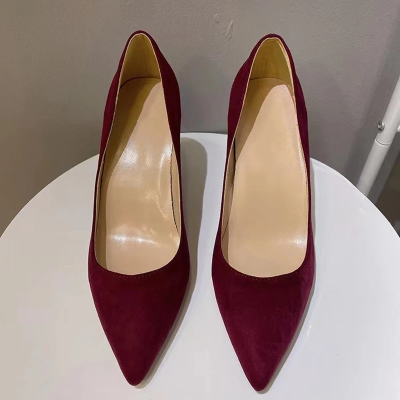 Heelgoo Burgundy stado kobiety Pointy Toe klasyczne szpilki formalne buty eleganckie damskie wino czerwone zamszowe czółenka na szpilkach rozmiar