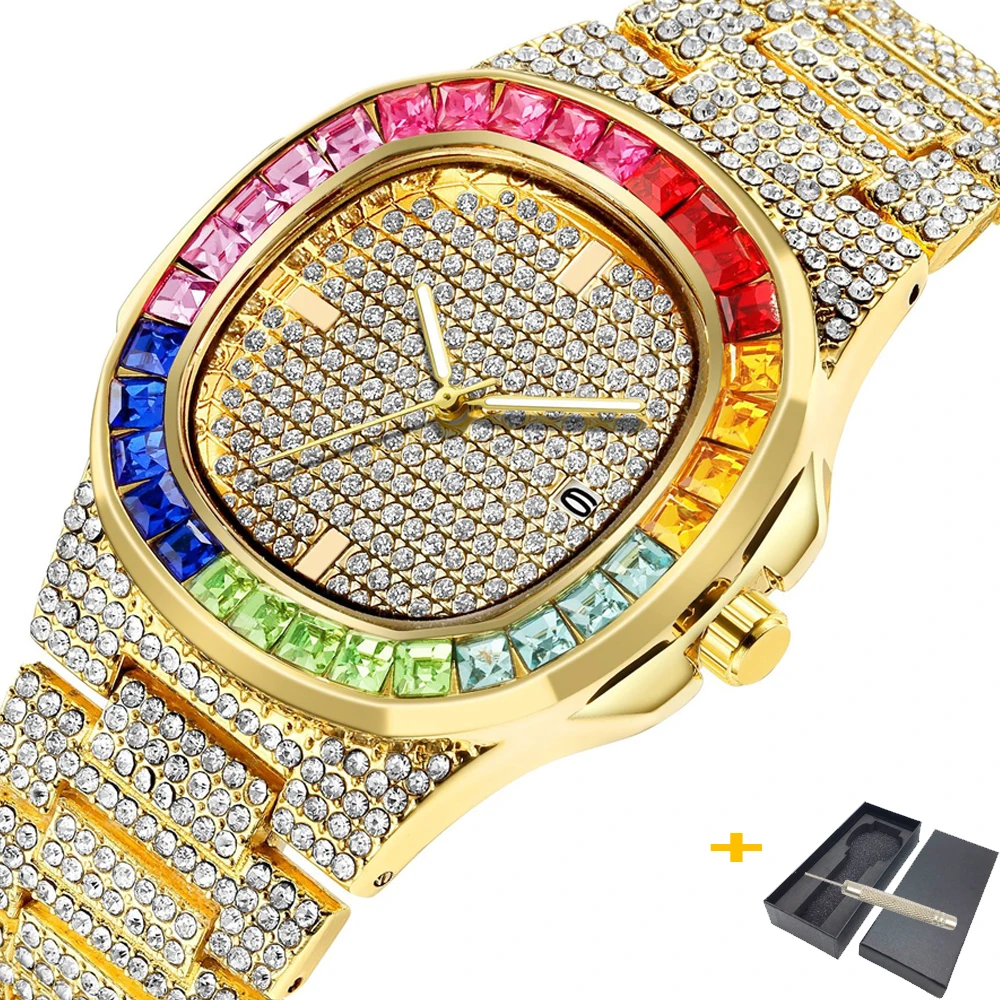 

Iced Out 18K Gold Watch For Men Luxury Diamond Watches Man Hip Hop Men's Quartz Wristwatch Hip Hop Male Clock Waterproof XFCS