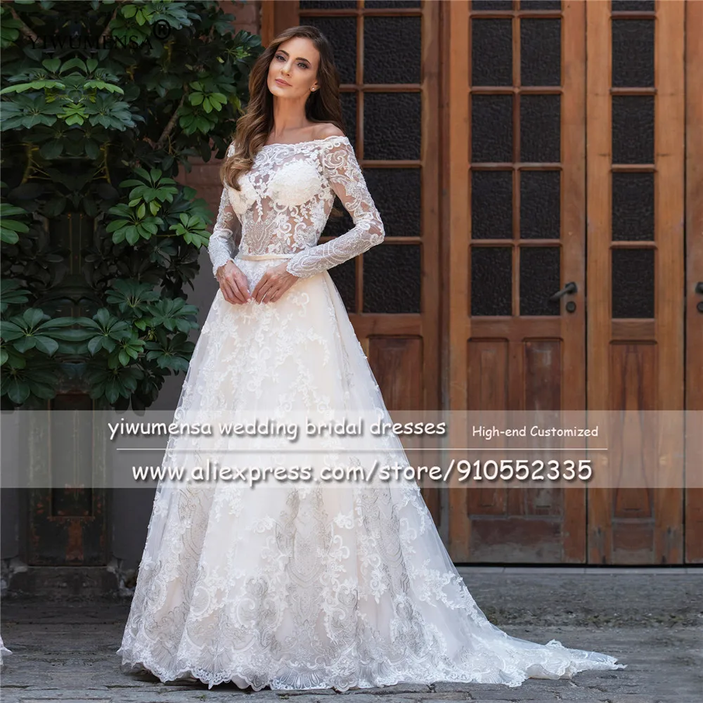 Vestido De novia De manga larga con cuello De barco, prenda elegante De talla grande, ilusión De tul, corte A, A327