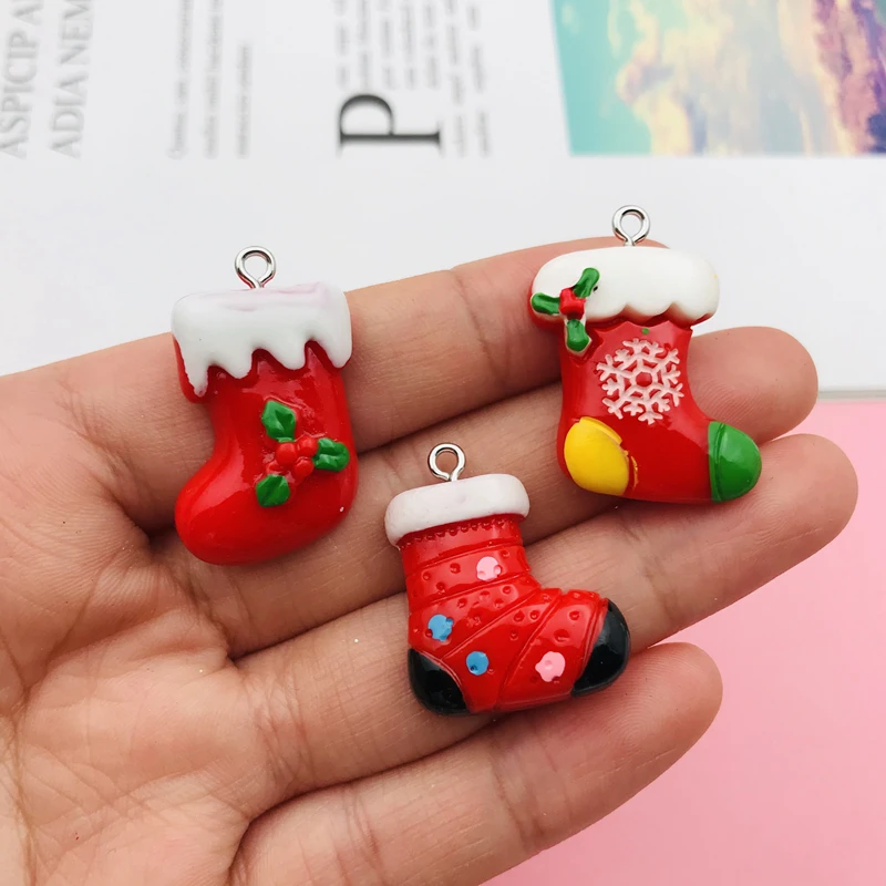 10pcs Hot New Resin Cute Christmas Glove Charm Holly Sock Pendant for Keychain, Earring, Scrapbooking, DIY Making, Necklace