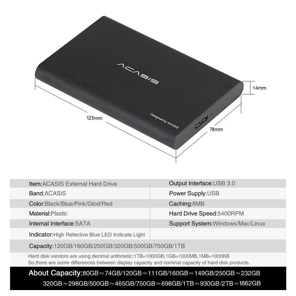 ACASIS "2TB 1TB External Hard Disk 2.5-Inch Super Mobile Hard Disk 500G 320G 250G 160G 120G 80G USB3.0 Storage, PS4 PS5 XBOX