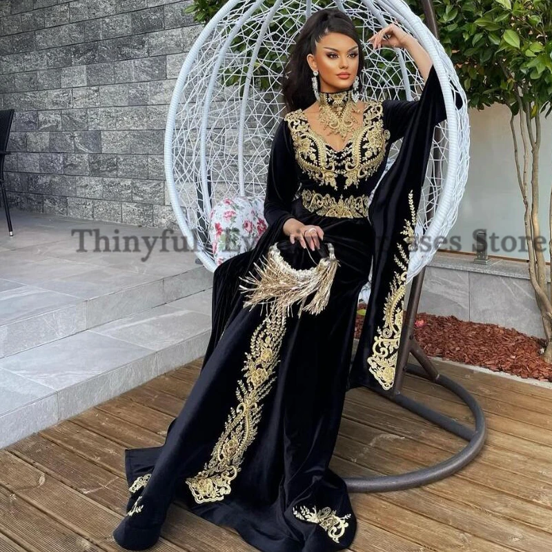 Thinyfull-vestido de noche de caftán marroquí de terciopelo negro, bordado dorado, manga larga, Dubai islámico, Abaya árabe saudita, vestidos de graduación