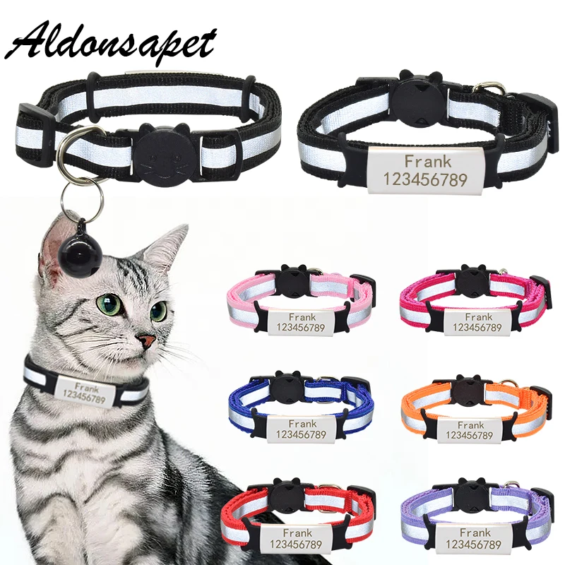 Collar de nailon con placa reflectante personalizada para gato, Collar de seguridad con campana, etiqueta de nombre de identificación grabada