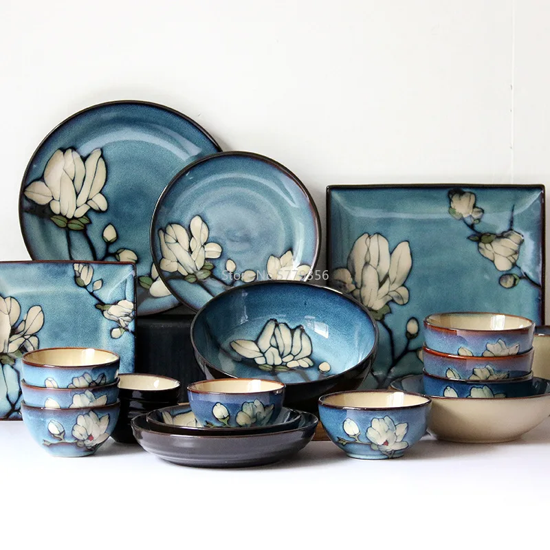 Magnolia Flower Hand-painted Deep Square Plate Big Soup Bowl Rice Noodle Bowl Japanese Tableware Ceramic Bowl Set