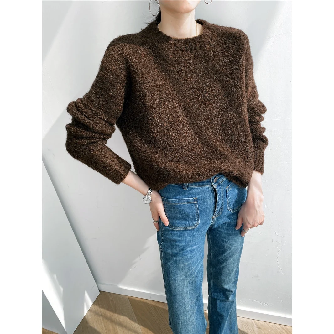 

[ZAYAU]Soft Waxy Alpaca Loop Yarn Blended Casual Pullover Sweater women's Lazy Wind Round Neck Autumn Winter Thickened 2021