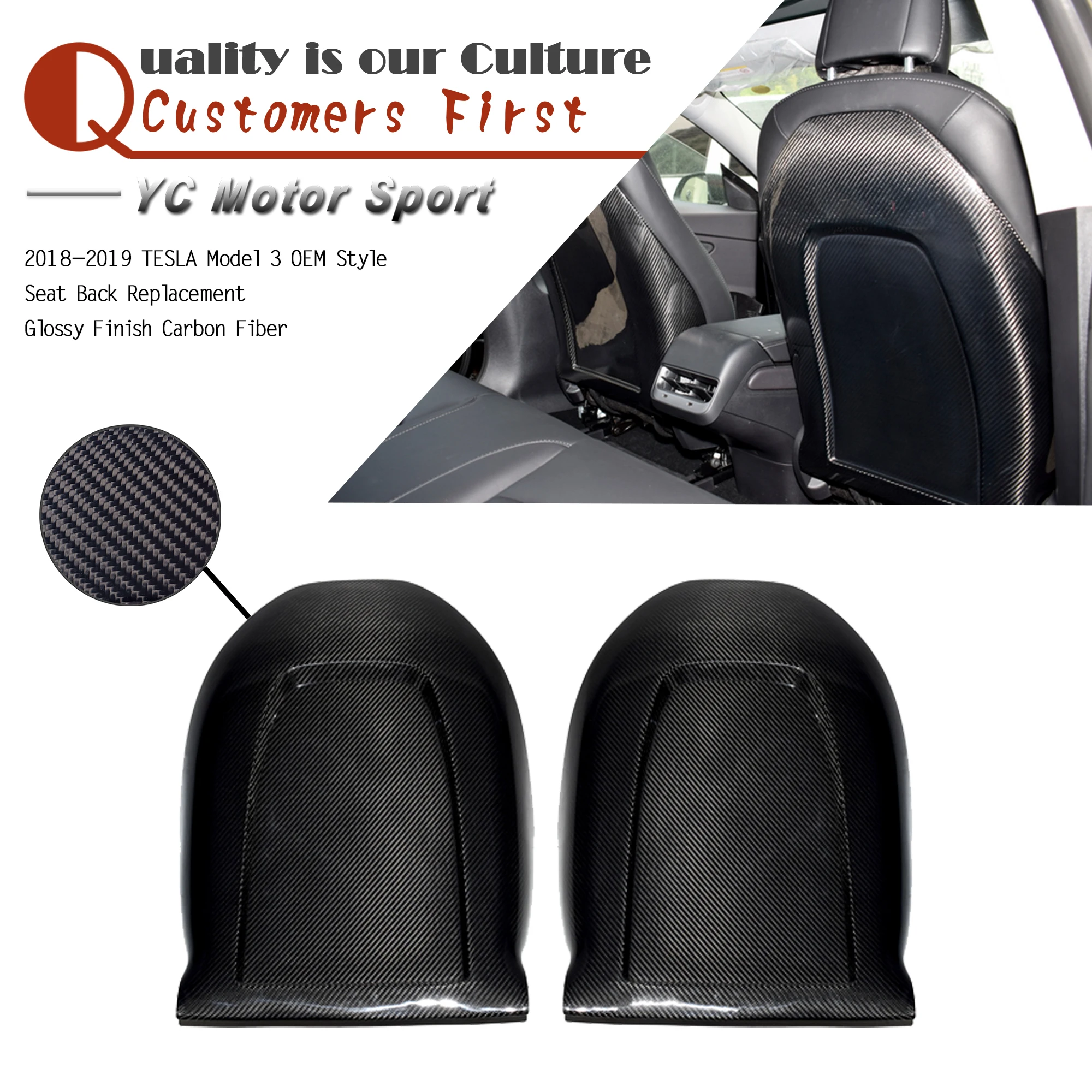 

Car Accessories Dry Carbon Fiber Glossy Finish OEM Style Seat Back Replacement Fit For 2018-2019 Model 3 Seat Back Replacement