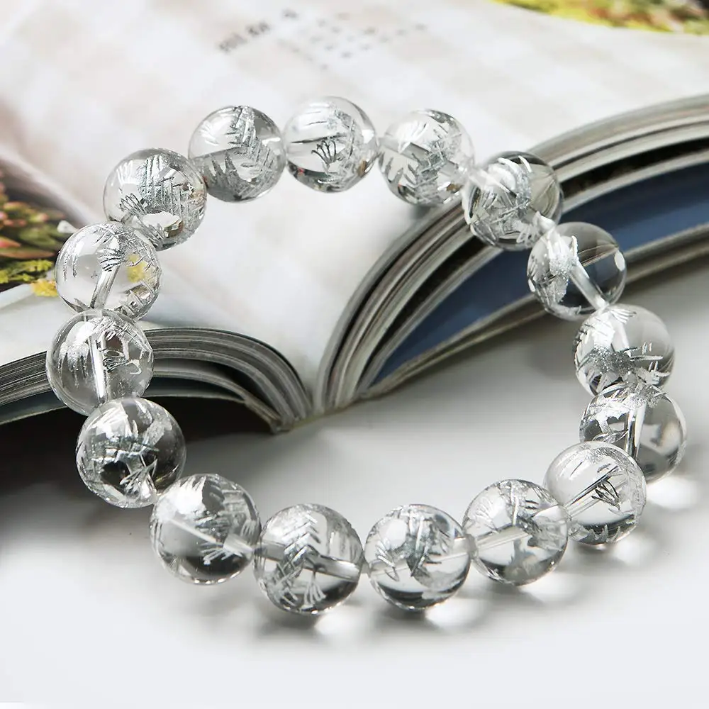 Natural White Quartz Silver Dragon Bracelet 12mm Gemstone Clear Round Beads Rare Carved Crystal Women Men Jewelry AAAAA