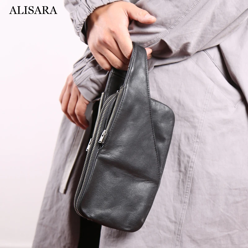 Alisara Clutch Bag Male First Layer Cow Leather Top End Men Zipper Long Wallets Casual Cell Phone Purses Organizer Mini Hand Bag