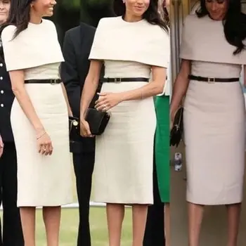 Gaun Ibu Pengantin Wanita Gaun Pesta Pernikahan Putih Ketat Panjang Teh Vestido De Marraha Duches Meghan Markles dengan Capelet