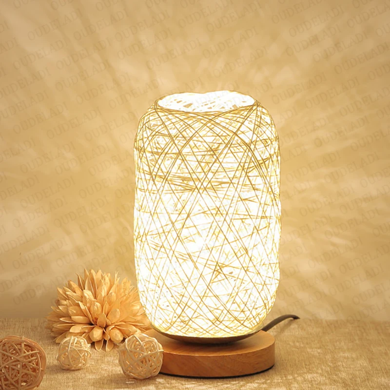 Wooden base Rattan Twine Ball Lights Table Lamp Home Decor Living Room Bedroom Bedside Desk Lamp Night light USB and EU plug