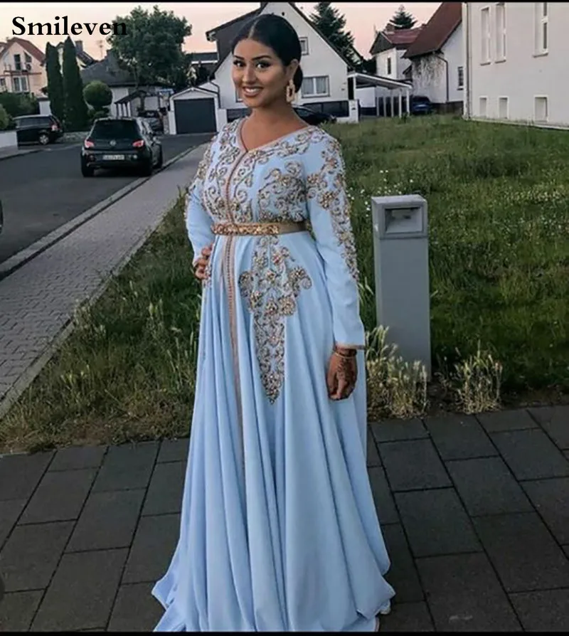 Smileven Blue Moroccan caftan Evening Dresses V Neck Crystal Algeria Arabic Muslim Special Occasion Dresses Party Gowns