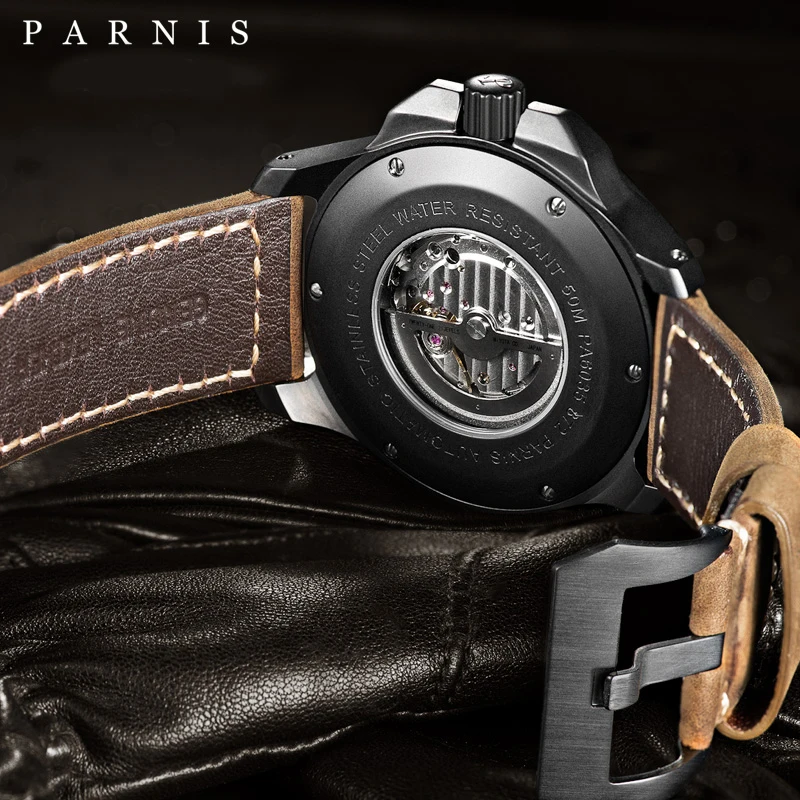 Imagem -05 - Parnis-relógios Mecânicos Militares para Homens Relógio Automático Sapphire Crystal Pulseira de Couro Genuíno Marca Top Luxo 47 mm