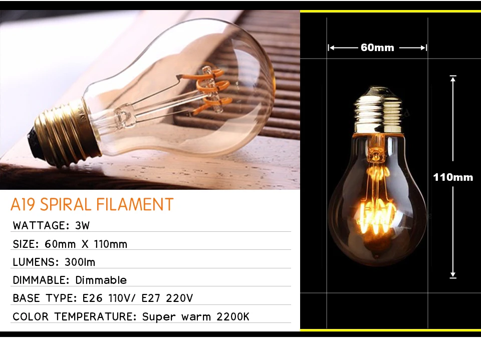 Retro dimmbare LED Edison Glühbirne E27 3W Gold Spiral-Filament ST64 G125 Ampoule LED Lampe Glühbirne Kronleuchter Dekorative Beleuchtung – Detail 4