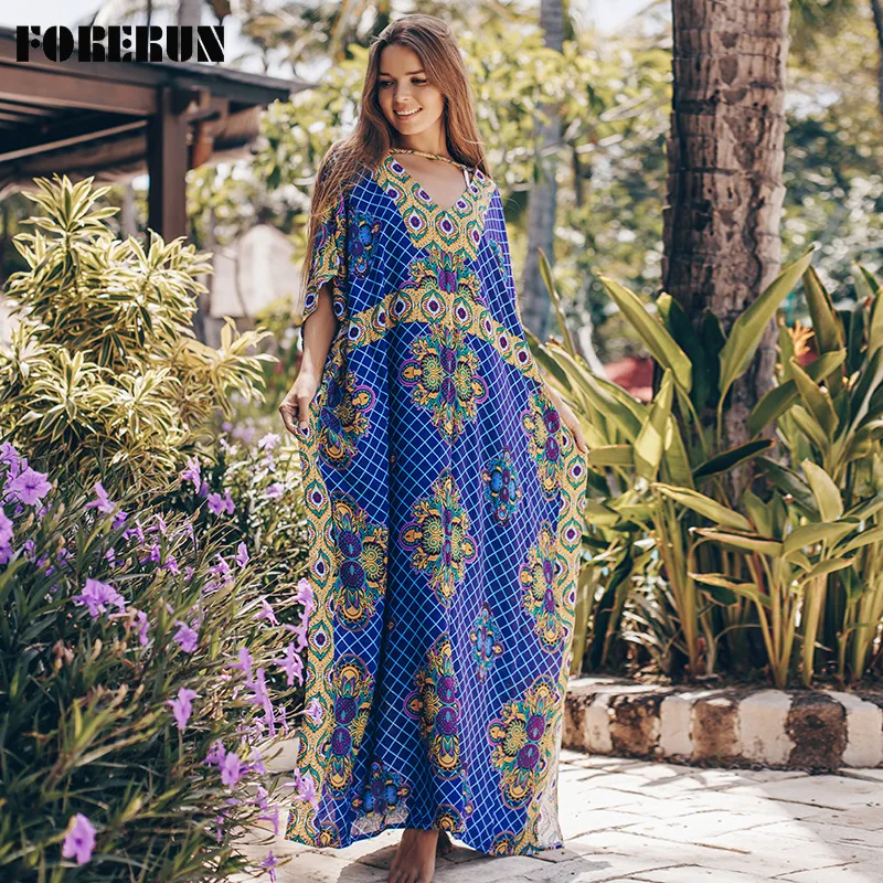 FORERUN Boho Beach Maxi Dress Women Printed Kaftan V Neck Vintage Tunic Robe Plage Femme Beachwear Swimsuit Cover Up