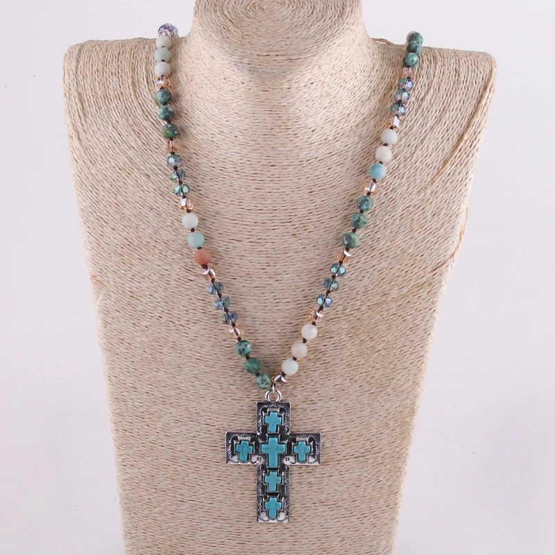 RH Fashion Bohemian Jewelry Accessory Multi Natural Stones Knotted Metal Blue Cross Necklace Women Boho Gift Dropship