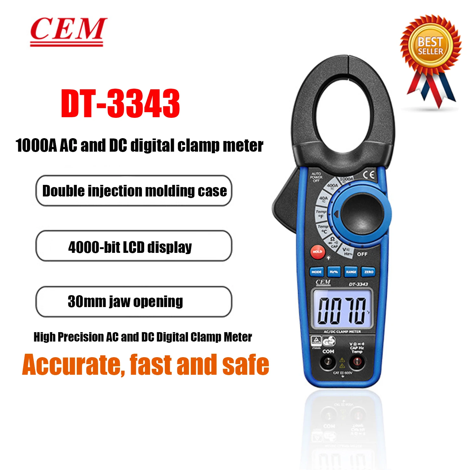 CEM DT-3340 DT-3341 DT-3343 DT-3345 DT-3347 DT-3348 Digital Clamp Type Meter Overload Protection Resistance Diode Test Backlight