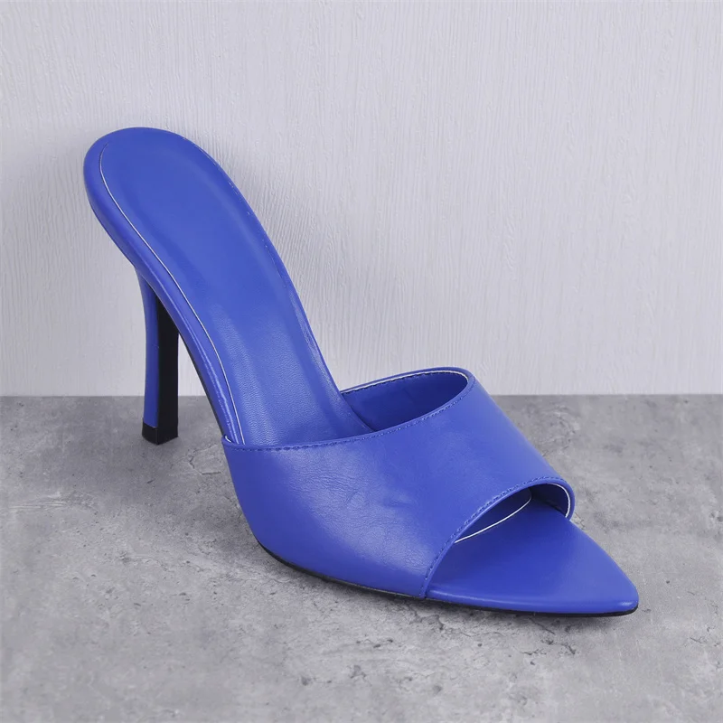 Onlymaker Matte Blue Brown PU Slip on Sandals Pointed Peep Toe Thin High Heels Casual Daily Comfortable Summer Heels