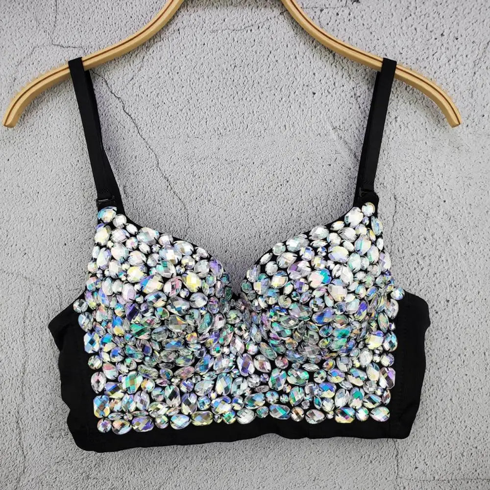 IRENE TINNIE-Top corto con strass lucido fatto a mano, canotta brillante, gilet senza schienale, reggiseno Sexy, discoteca per feste