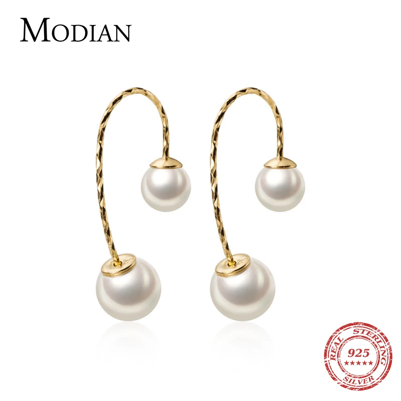 Modian Fashion Genuine 925 Sterling Silver Gold Color Elegant Pearl Dangle Earring for Women Hook Earring Fine Jewelry Brincos