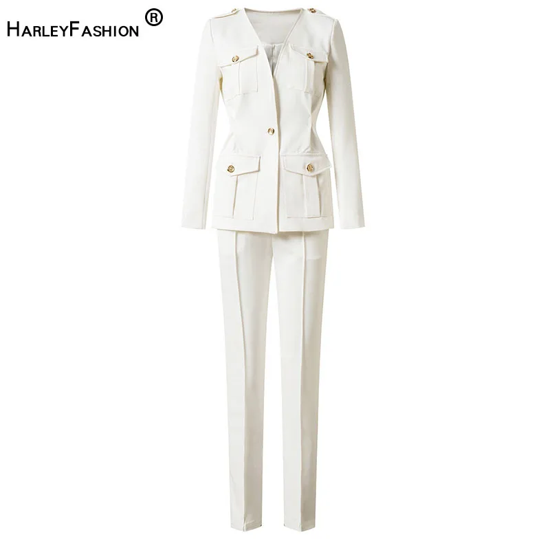 HarleyFashion Elegant European Women Work Suit Pants England Style White Jacket Slim Trousers Quality Two Pieces Sets