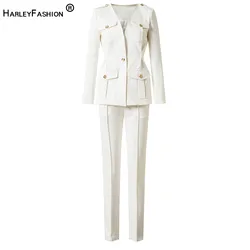 HarleyFashion Elegant European Women Work Suit Pants England Style White Jacket Slim Trousers Quality Two Pieces Sets