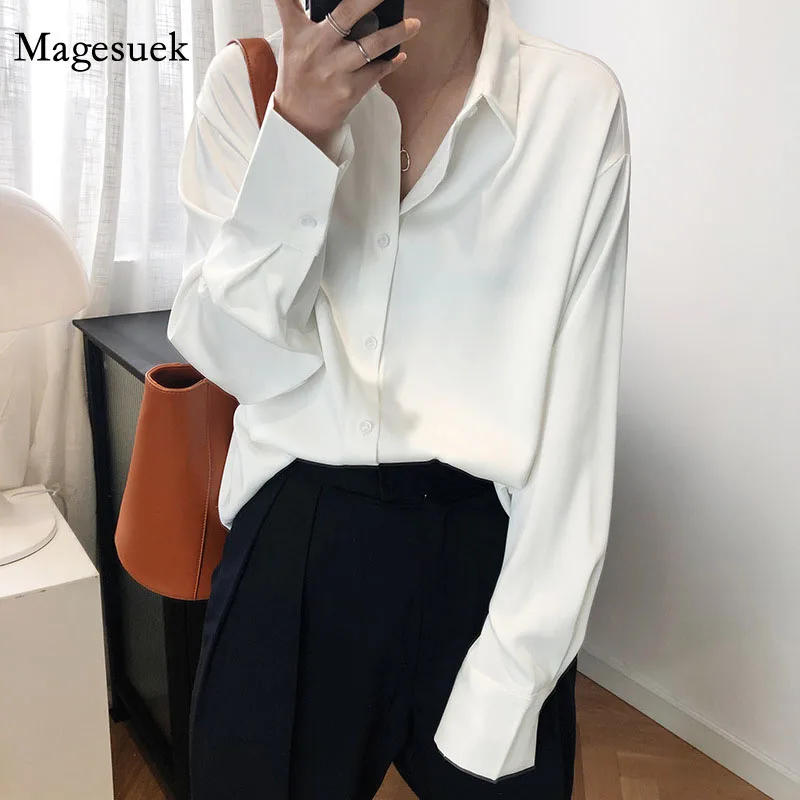 Vintage Elegant Office Ladies Solid Satin Shirts 2020 Fashion Women Blouses New Long Sleeve Turn Down Collar Loose Tops 12534