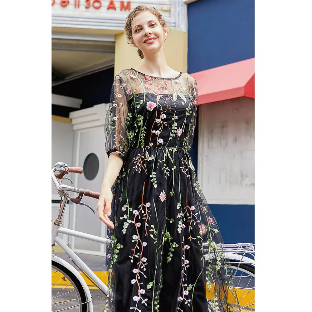 Nieuwe Zwarte Mesh Kant Bloem Geborduurde Jurk Vrouwen Bohemian Zomer Half Mouw Chiffon Elegante Bloemen Lange Jurken Feestavond