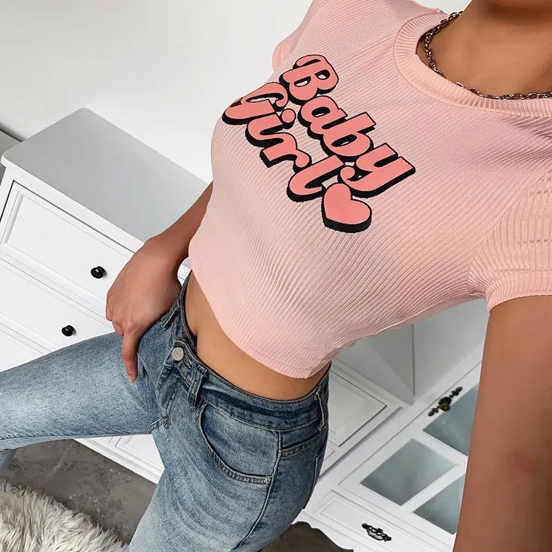 Summer Vintage Knitted Crop Tops Women Biker Punk Letter Print Sexy Tank Top Korean Streetwear Cropped O Neck Top Feminino