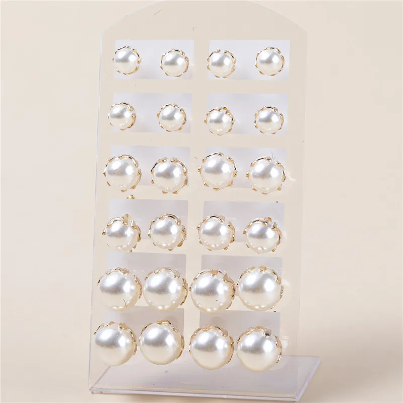 12 Pasang/Set Set Anting Mutiara Simulasi Putih untuk Perhiasan Wanita Anting Stud Bola Bulat Hadiah Perhiasan 7Mm 9Mm 11Mm