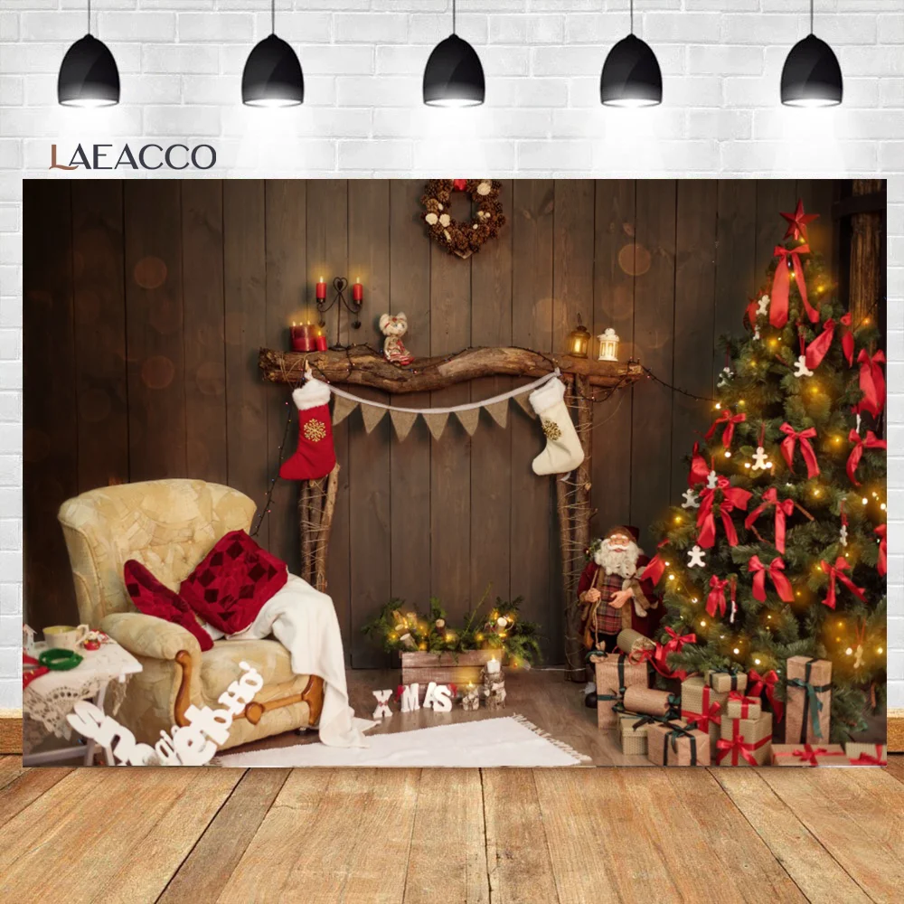 Laeacco-크리스마스 포토콜 우드 하우스 창문 조명 나무 소파 선물 가족 초상화 사진 배경막, 사진 배경