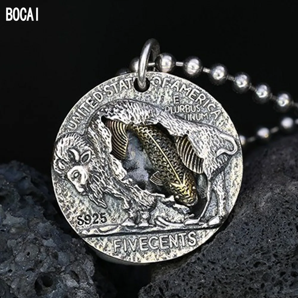 

BOCAI новые настоящие ювелирные изделия из стерлингового серебра s925, тисненый кулон в виде медальона с черепом, ретро индивидуальный хип-хоп, кулон с человеком кои