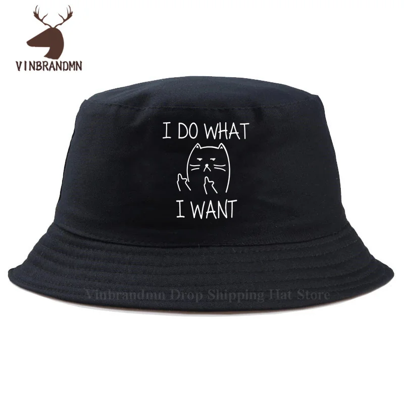 I Do What I Want Bucket hats women men Cat Middle Finger Cotton Plus Size Design Hand-drawn Pattern Print Summer Fishing hats