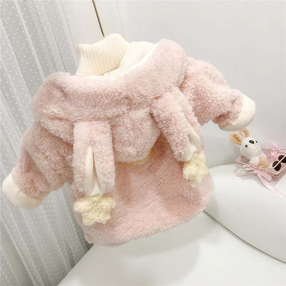 

Children's Fall Winter Coat New Girls Cute Rabbit Ears Furry Sweater Baby Kids Pink Fleece Lining Cotton-padded Jacket Clothes